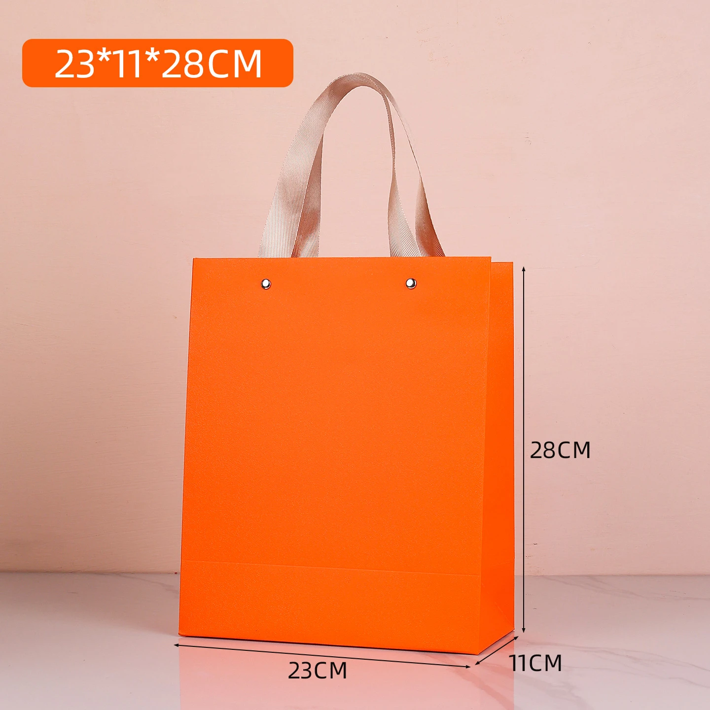 Orange Satin Ribbon Rivet Reinforced Thick Paper Gift Bags