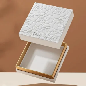 White Embossed Rose Pattern Rigid Lid And Base Gift Box For Jewelry